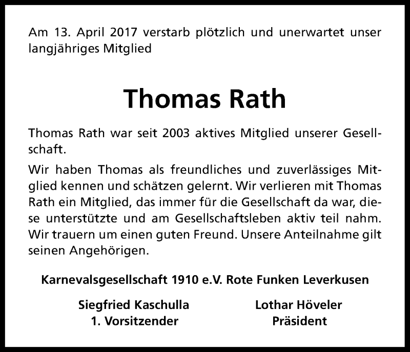  Traueranzeige für Thomas Rath vom 28.04.2017 aus Kölner Stadt-Anzeiger / Kölnische Rundschau / Express