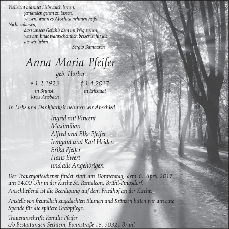  Traueranzeige für Anna Maria Pfeifer vom 05.04.2017 aus  Schlossbote/Werbekurier 
