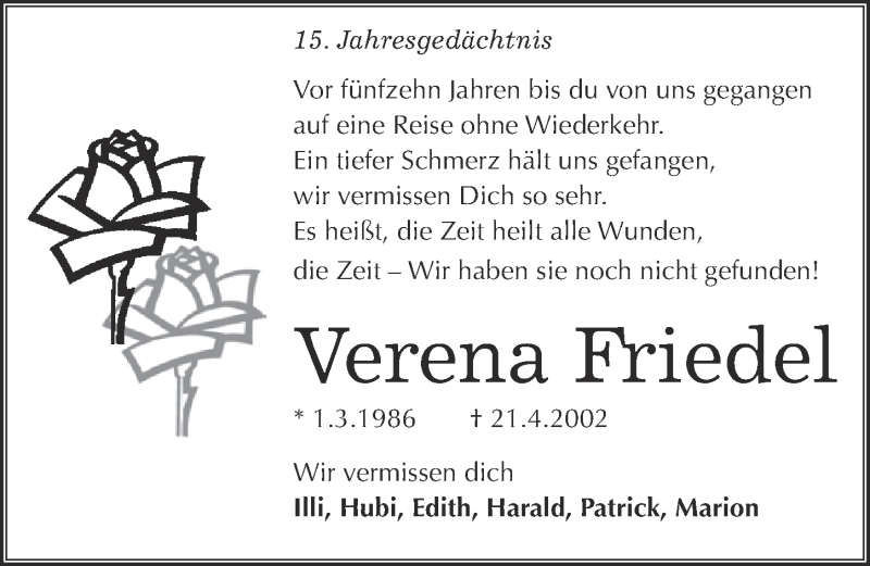  Traueranzeige für Verena Friedel vom 19.04.2017 aus  Kölner Wochenspiegel 
