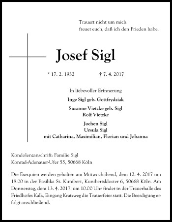 Anzeige von Josef Sigl von Kölner Stadt-Anzeiger / Kölnische Rundschau / Express