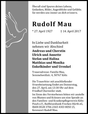 Anzeige von Rudolf Mau von Kölner Stadt-Anzeiger / Kölnische Rundschau / Express