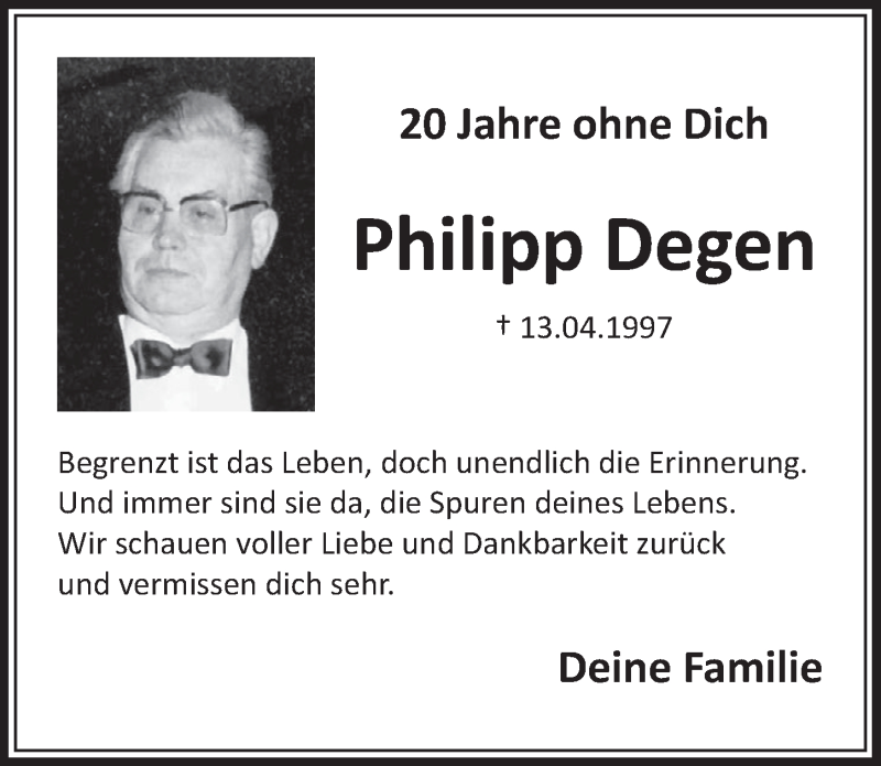  Traueranzeige für Philipp Degen vom 12.04.2017 aus  Schlossbote/Werbekurier 