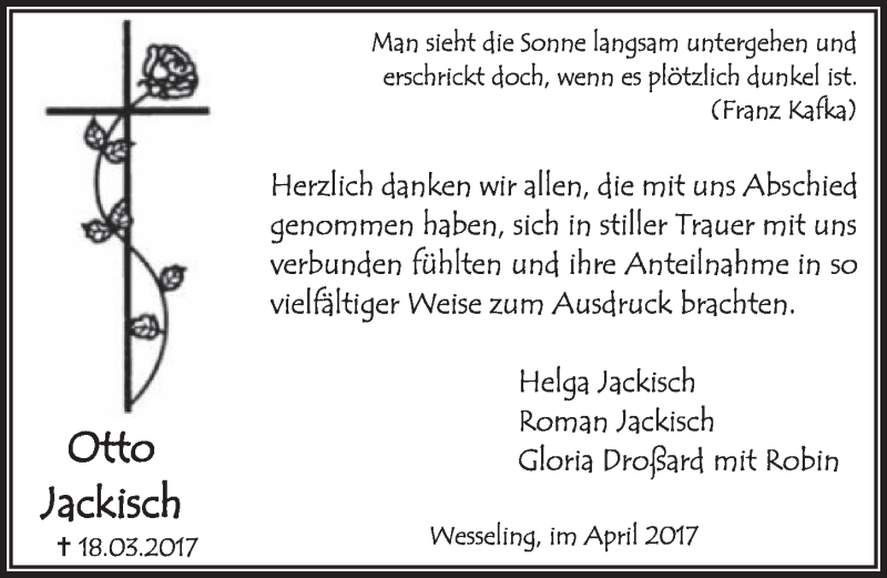  Traueranzeige für Otto Jackisch vom 26.04.2017 aus  Schlossbote/Werbekurier 