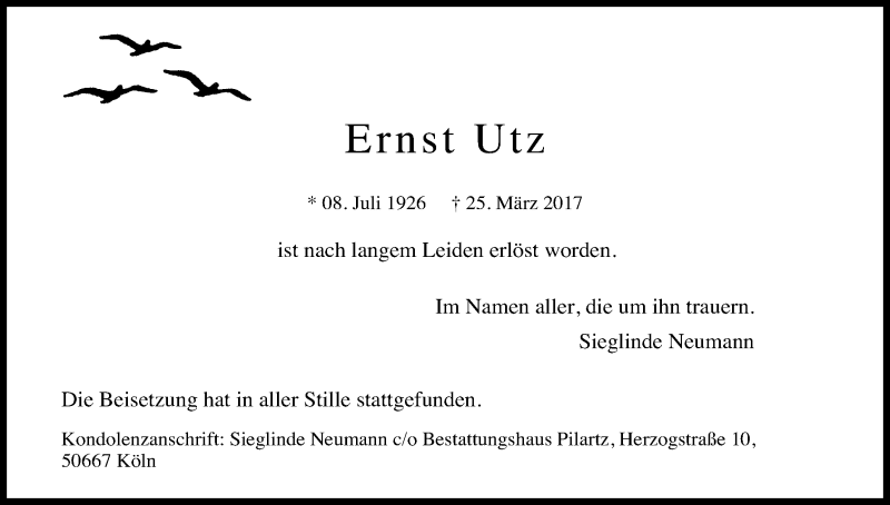  Traueranzeige für Ernst Utz vom 29.04.2017 aus Kölner Stadt-Anzeiger / Kölnische Rundschau / Express