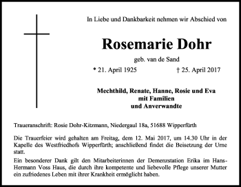 Anzeige von Rosemarie Dohr von Kölner Stadt-Anzeiger / Kölnische Rundschau / Express