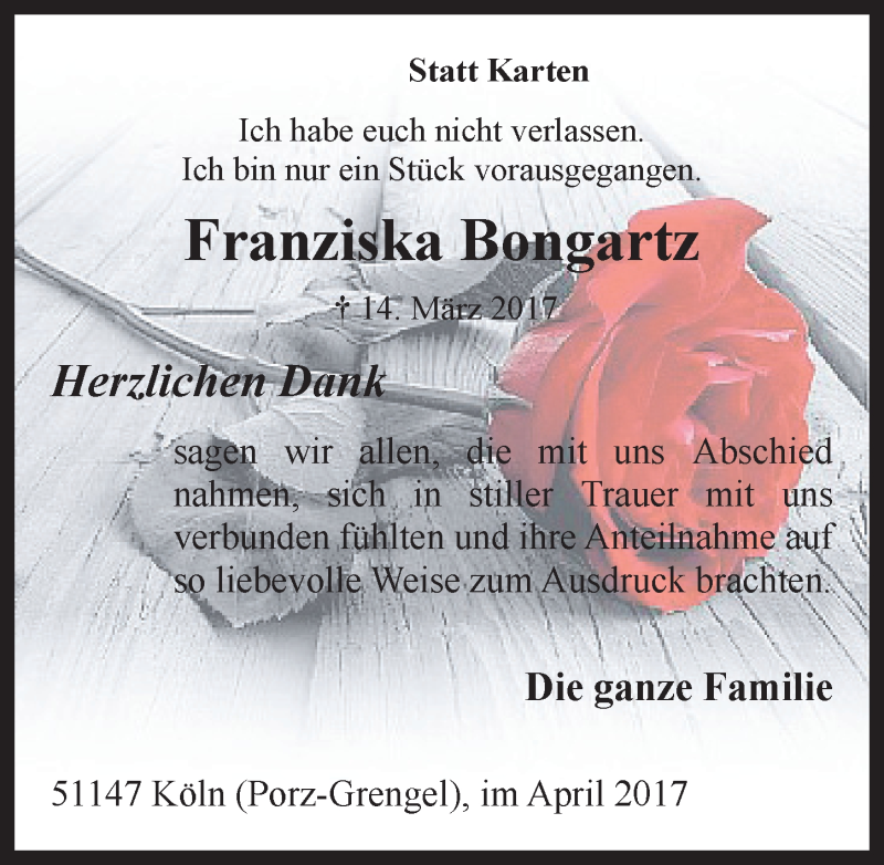  Traueranzeige für Franziska Bongartz vom 05.04.2017 aus  Kölner Wochenspiegel 