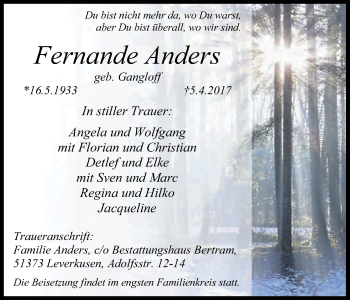 Anzeige von Fernande Anders von Kölner Stadt-Anzeiger / Kölnische Rundschau / Express