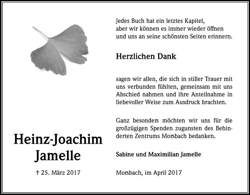  Traueranzeige für Heinz-Joachim Jamelle vom 29.04.2017 aus Kölner Stadt-Anzeiger / Kölnische Rundschau / Express