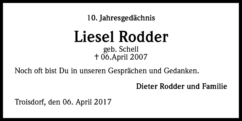  Traueranzeige für Liesel Rodder vom 06.04.2017 aus Kölner Stadt-Anzeiger / Kölnische Rundschau / Express