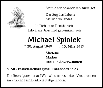 Anzeige von Michael Spiolek von Kölner Stadt-Anzeiger / Kölnische Rundschau / Express