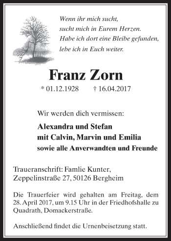 Anzeige von Franz Zorn von  Werbepost 