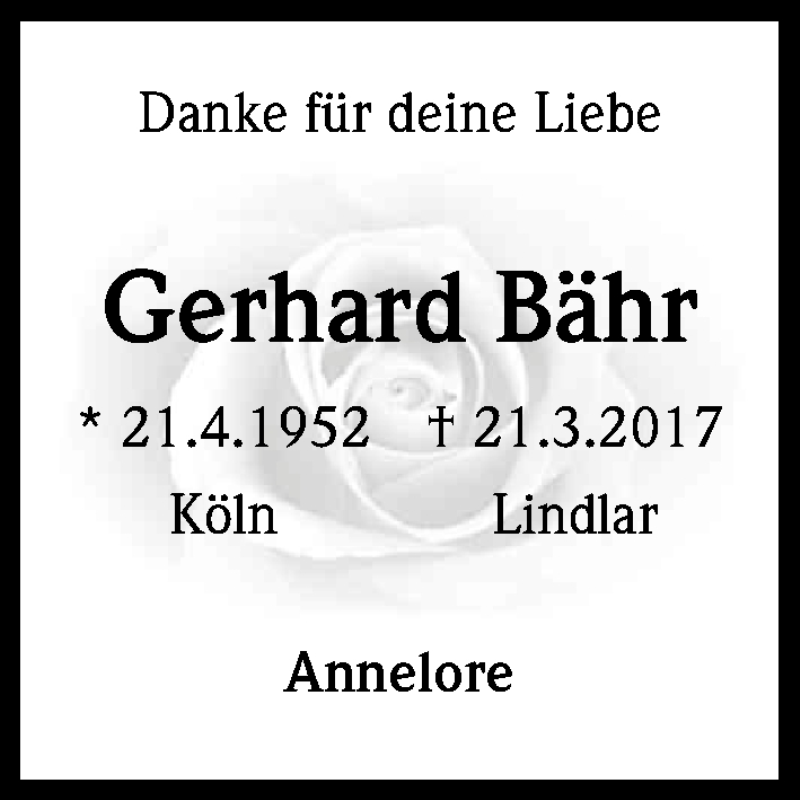  Traueranzeige für Gerhard Bähr vom 01.04.2017 aus Kölner Stadt-Anzeiger / Kölnische Rundschau / Express