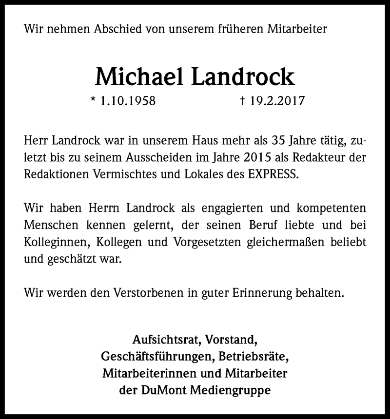  Traueranzeige für Michael Landrock vom 01.04.2017 aus Kölner Stadt-Anzeiger / Kölnische Rundschau / Express