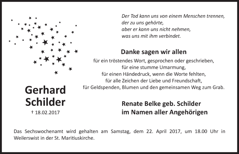  Traueranzeige für Gerhard Schilder vom 05.04.2017 aus  Schlossbote/Werbekurier 