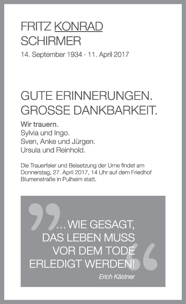  Traueranzeige für Fritz Konrad Schirmer vom 22.04.2017 aus  Sonntags-Post 