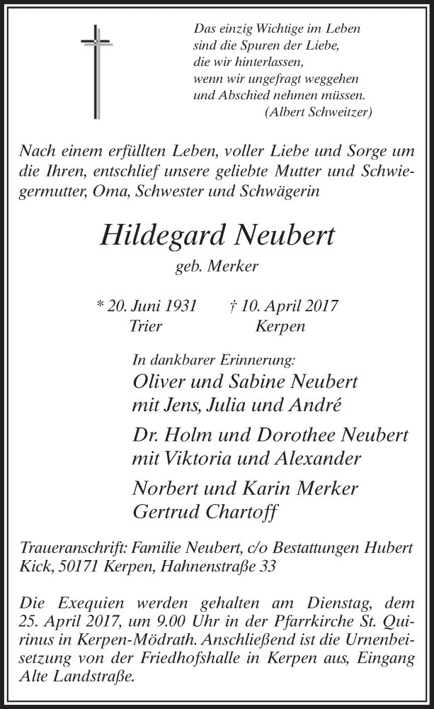  Traueranzeige für Hildegard Neubert vom 22.04.2017 aus  Sonntags-Post 