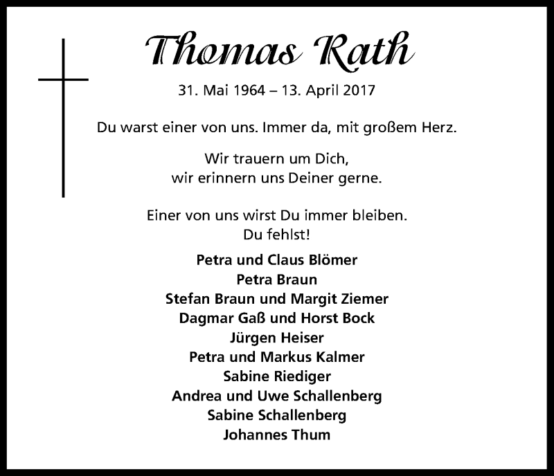  Traueranzeige für Thomas Rath vom 22.04.2017 aus Kölner Stadt-Anzeiger / Kölnische Rundschau / Express