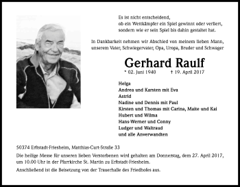 Anzeige von Gerhard Raulf von Kölner Stadt-Anzeiger / Kölnische Rundschau / Express