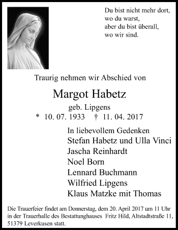 Anzeige von Margot Habetz von Kölner Stadt-Anzeiger / Kölnische Rundschau / Express