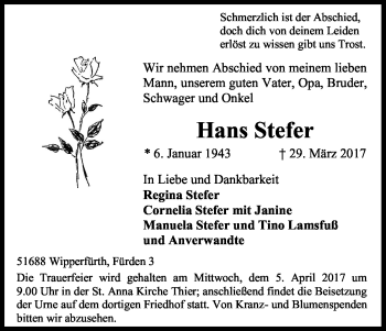 Anzeige von Hans Stefer von Kölner Stadt-Anzeiger / Kölnische Rundschau / Express