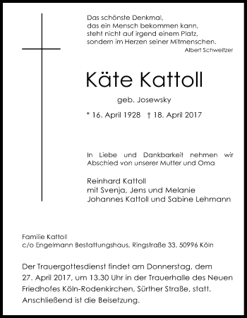 Anzeige von Käte Kattoll von Kölner Stadt-Anzeiger / Kölnische Rundschau / Express