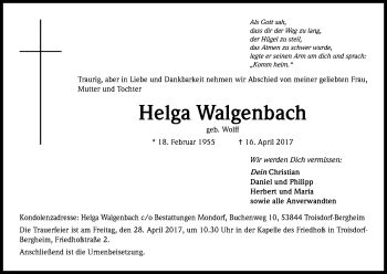 Anzeige von Helga Walgenbach von Kölner Stadt-Anzeiger / Kölnische Rundschau / Express