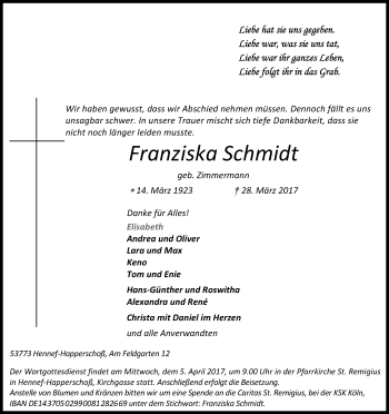 Anzeige von Franziska Schmidt von Kölner Stadt-Anzeiger / Kölnische Rundschau / Express