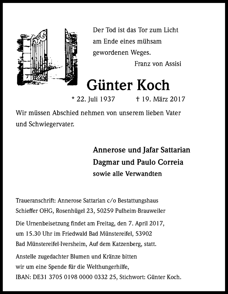  Traueranzeige für Günter Koch vom 01.04.2017 aus Kölner Stadt-Anzeiger / Kölnische Rundschau / Express