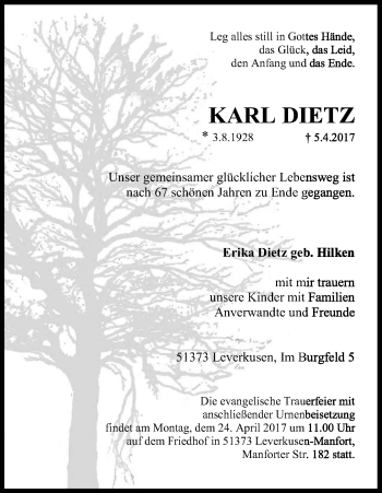 Anzeige von Karl Dietz von Kölner Stadt-Anzeiger / Kölnische Rundschau / Express