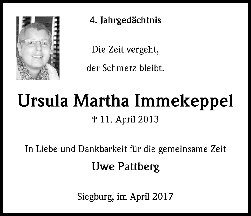  Traueranzeige für Ursula Martha Immekeppel vom 08.04.2017 aus Kölner Stadt-Anzeiger / Kölnische Rundschau / Express