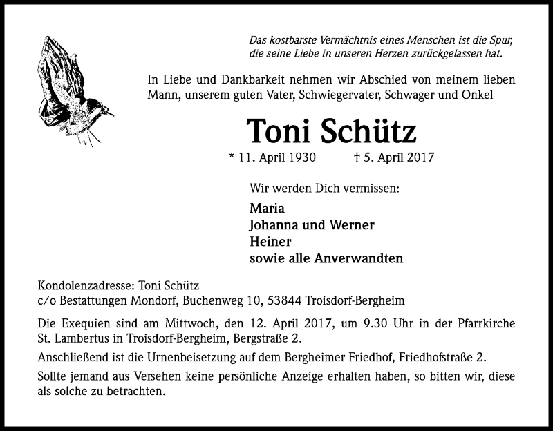  Traueranzeige für Toni Schütz vom 08.04.2017 aus Kölner Stadt-Anzeiger / Kölnische Rundschau / Express