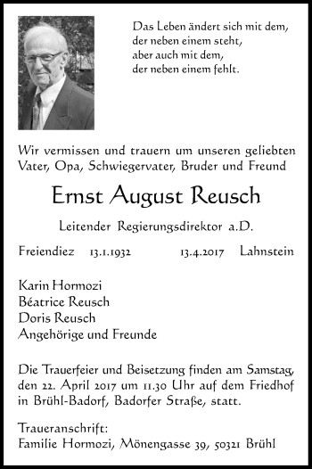 Anzeige von Ernst August Reusch von Kölner Stadt-Anzeiger / Kölnische Rundschau / Express