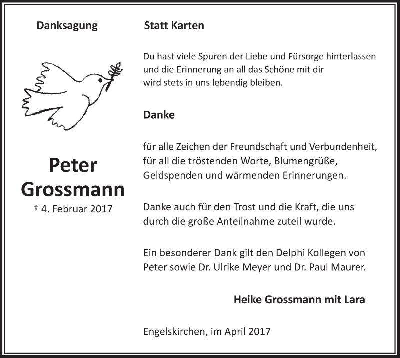  Traueranzeige für Peter Grossmann vom 05.04.2017 aus  Anzeigen Echo 