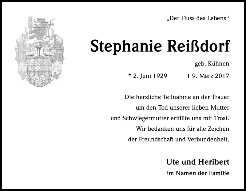  Traueranzeige für Stephanie Reißdorf vom 15.04.2017 aus Kölner Stadt-Anzeiger / Kölnische Rundschau / Express