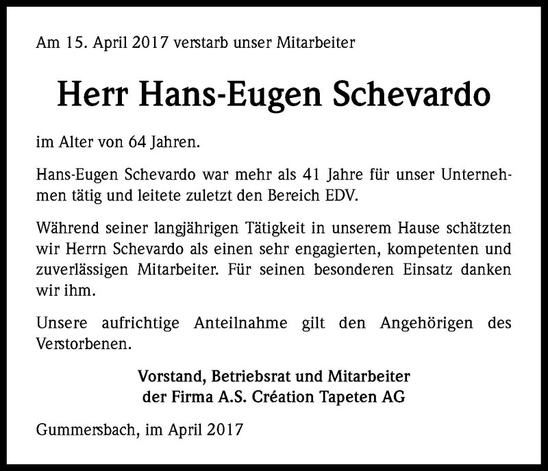  Traueranzeige für Hans-Eugen Schevardo vom 21.04.2017 aus Kölner Stadt-Anzeiger / Kölnische Rundschau / Express