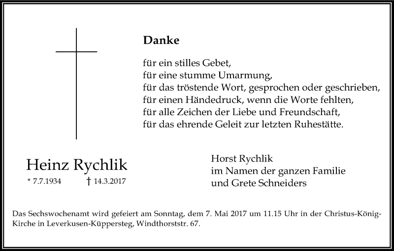  Traueranzeige für Heinz Rychlik vom 29.04.2017 aus Kölner Stadt-Anzeiger / Kölnische Rundschau / Express