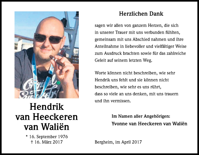  Traueranzeige für Hendrik van Heeckeren van Waliën vom 26.04.2017 aus Kölner Stadt-Anzeiger / Kölnische Rundschau / Express