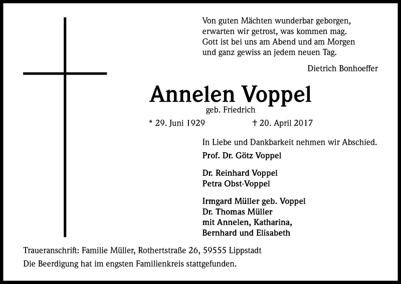  Traueranzeige für Annelen Voppel vom 29.04.2017 aus Kölner Stadt-Anzeiger / Kölnische Rundschau / Express