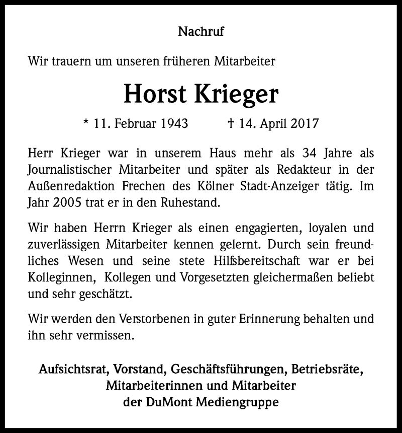  Traueranzeige für Horst Krieger vom 22.04.2017 aus Kölner Stadt-Anzeiger / Kölnische Rundschau / Express