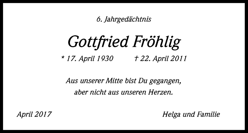  Traueranzeige für Gottfried Fröhlig vom 18.07.2023 aus Kölner Stadt-Anzeiger / Kölnische Rundschau / Express