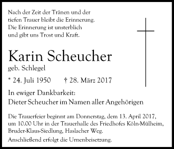 Anzeige von Karin Scheucher von Kölner Stadt-Anzeiger / Kölnische Rundschau / Express