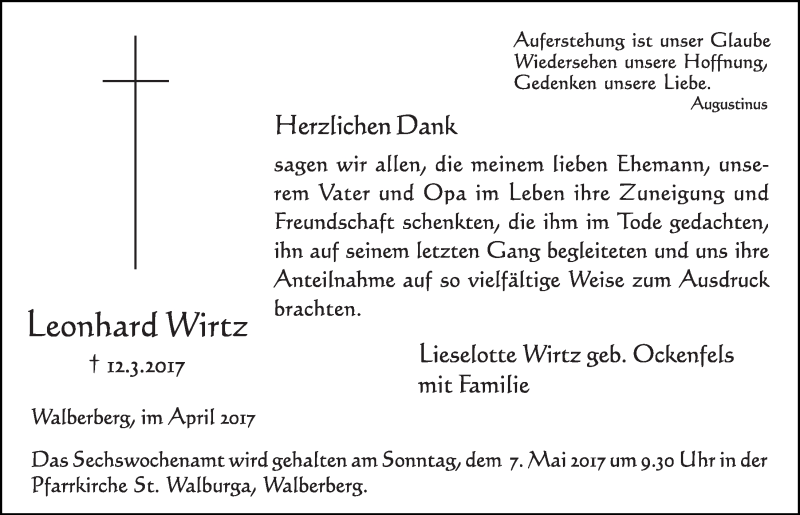  Traueranzeige für Leonhard Wirtz vom 05.04.2017 aus  Schlossbote/Werbekurier 