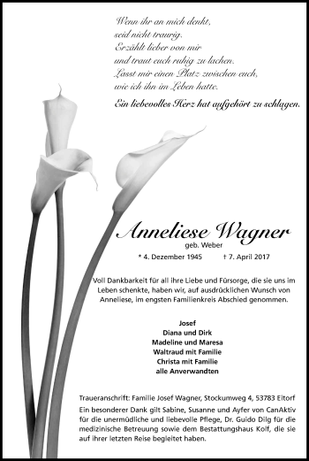 Anzeige von Anneliese Wagner von Kölner Stadt-Anzeiger / Kölnische Rundschau / Express