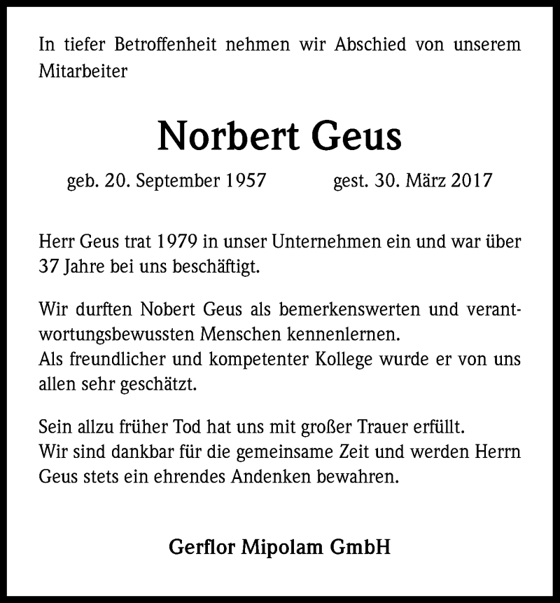  Traueranzeige für Norbert Geus vom 08.04.2017 aus Kölner Stadt-Anzeiger / Kölnische Rundschau / Express