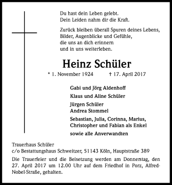 Anzeige von Heinz Schüler von Kölner Stadt-Anzeiger / Kölnische Rundschau / Express