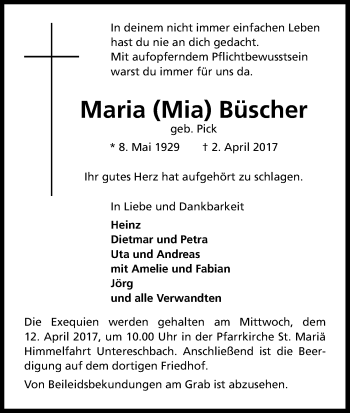 Anzeige von Maria Büscher von Kölner Stadt-Anzeiger / Kölnische Rundschau / Express