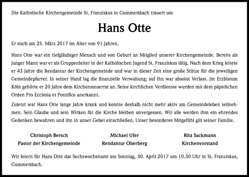  Traueranzeige für Hans Otte vom 01.04.2017 aus Kölner Stadt-Anzeiger / Kölnische Rundschau / Express