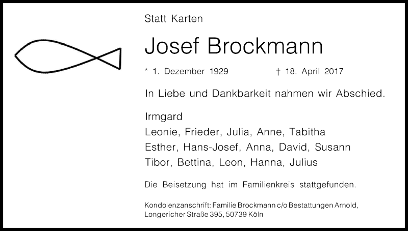  Traueranzeige für Josef Brockmann vom 29.04.2017 aus Kölner Stadt-Anzeiger / Kölnische Rundschau / Express
