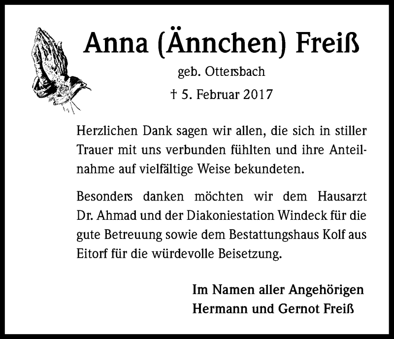  Traueranzeige für Anna Freiß vom 01.04.2017 aus Kölner Stadt-Anzeiger / Kölnische Rundschau / Express