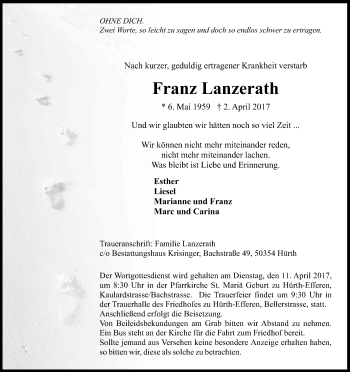 Anzeige von Franz Josef Lanzerath von Kölner Stadt-Anzeiger / Kölnische Rundschau / Express